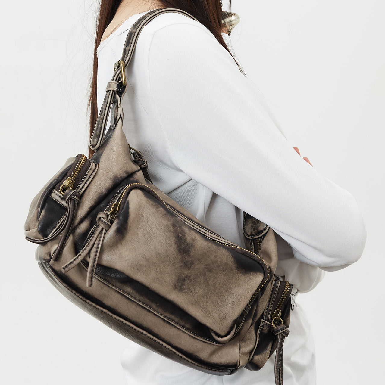 Addra | Distressed Faux Leather Shoulder Bag