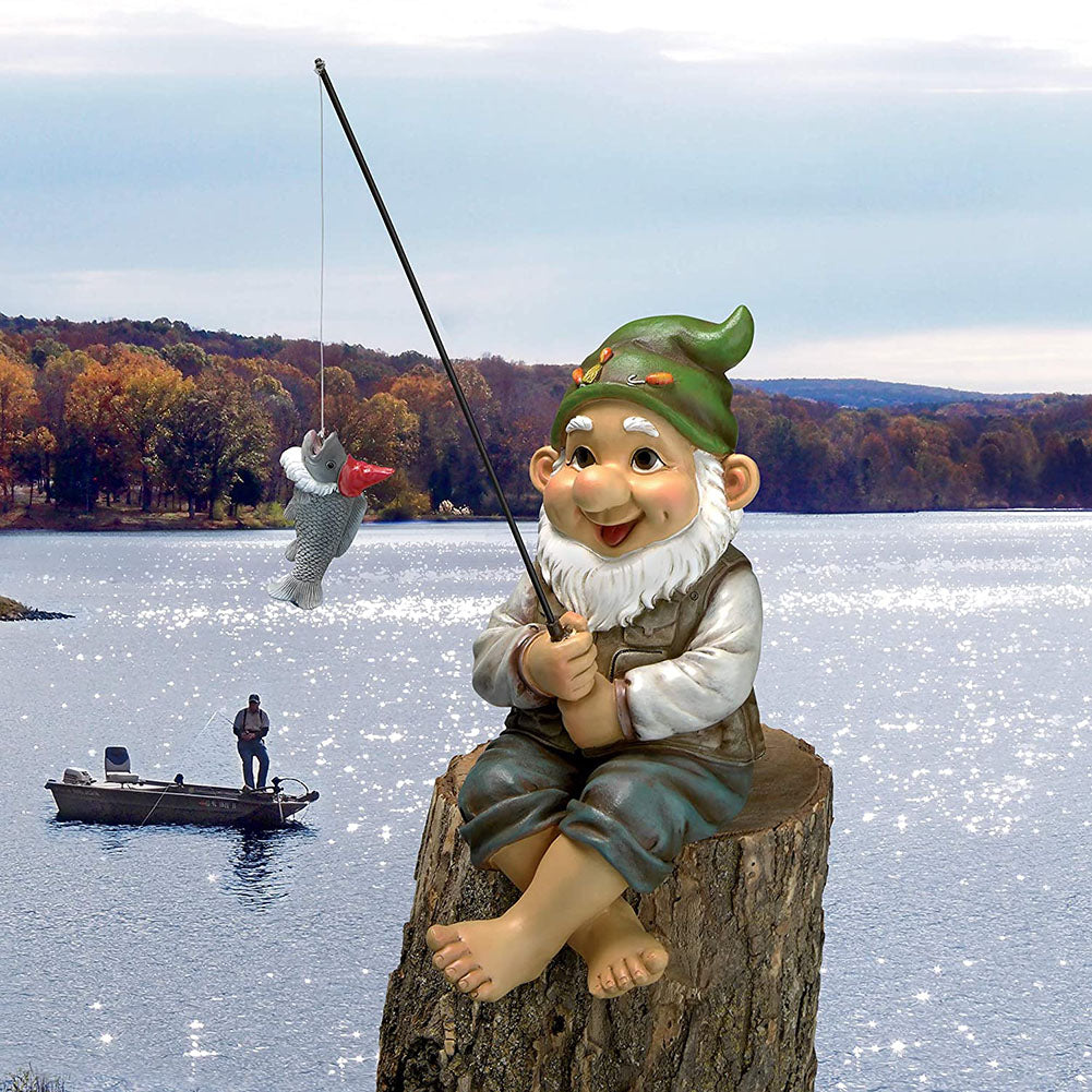 Resin Fishing Gnome Elf | Charming Outdoor Yard Statue