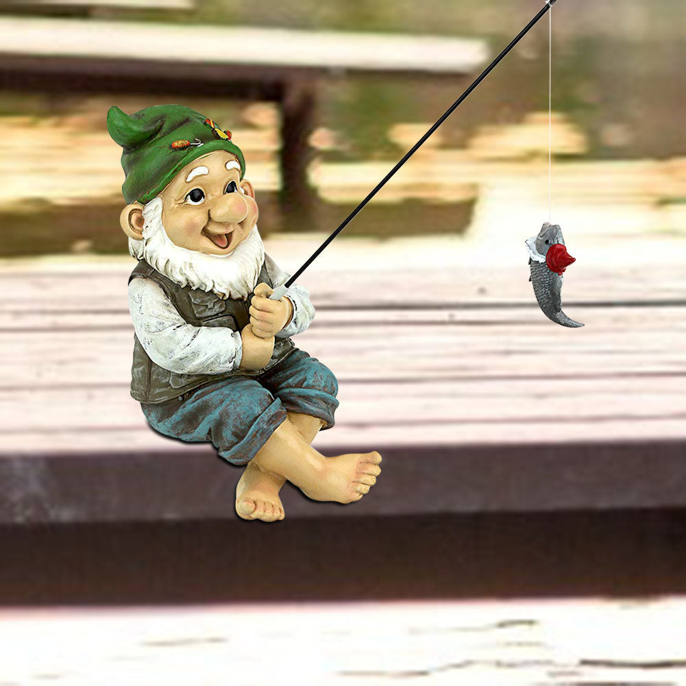 Resin Fishing Gnome Elf | Charming Outdoor Yard Statue