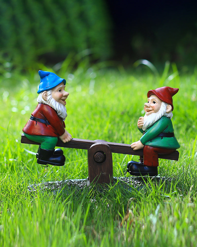 Teeter-Totter Gnome Duo | Playful Seesaw Garden Statue for Outdoor Decor
