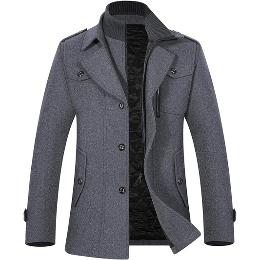 Men's Wool Peacoat Single-Breasted Winter Jacket with Removable Windbreaker Lining