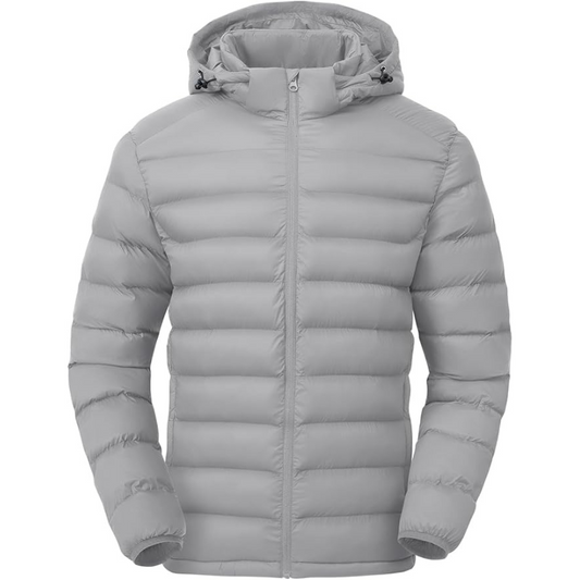 Men's Lightweight Insulated Puffer Jacket with Detachable Hood - Water-Resistant Winter Coat for Travel & Outdoor Adventures